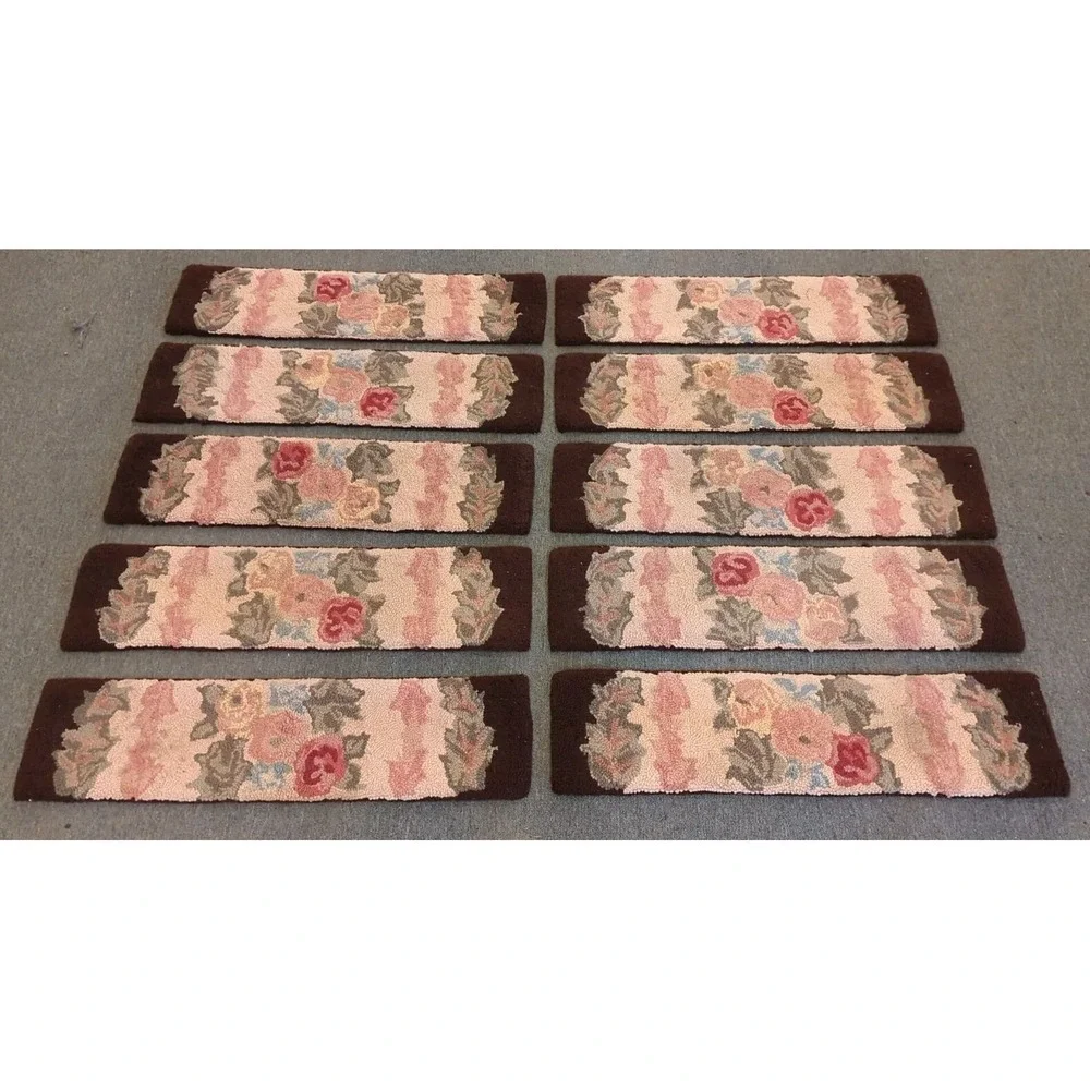 10 Antique Primitive Country Handmade Hook Wool Hooked‎ Stair Treads Floral Rug